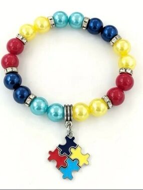 Autism Awareness Puzzle Piece Charm Bracelet Colorful Beaded Stretch Bracelet